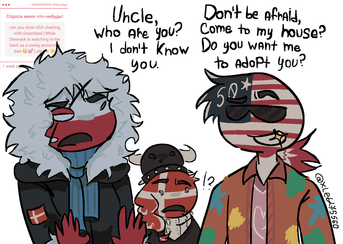 xleb275560's tweet image. Greenland is scared🇺🇸🇬🇱🇩🇰
#CountryHumans #art
