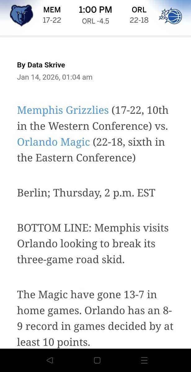 Im_Noosh's tweet image. How lazy is @espn 😂? They don't even read and adjust the slop the AI produces for game previews.  The magic and grizzlies are playing in Berlin Germany today and the game preview acts like it's just another home game for the magic 😂.  This is pathetic