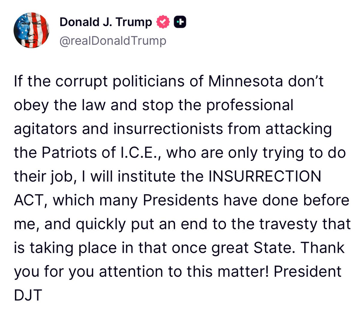 GovPritzker's tweet image. Donald Trump and Kristi Noem are using armed, militarized agents to provoke Minnesotans.

The Insurrection Act should not be used as an excuse to send armed troops into our streets.