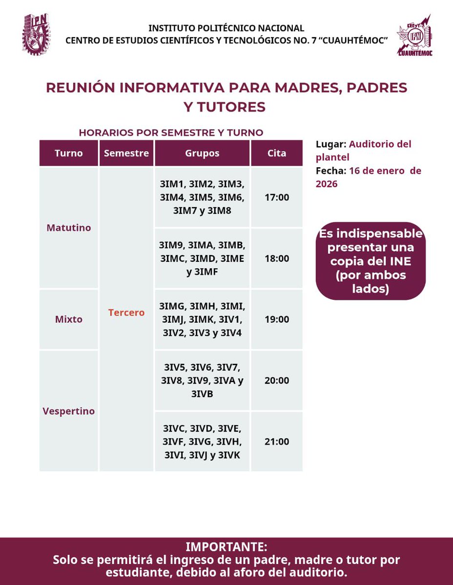 gestion_7's tweet photo. Reunión informativa
Sábado 17 de enero, auditorio del CECyT 7
(Solo padre, madre o tutor del alumno) https://t.co/Z3wlOQz65D