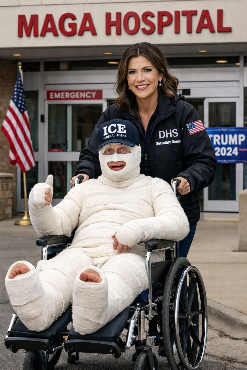 VegasBobBets's tweet photo. @RonFilipkowski 🚨BREAKING: ICE agent Jonathan Ross was wheeled out in a full-body cast by DHS Secretary Kristi Noem. Doctors say the condition has escalated. At this point, the injuries keep getting more dramatic every time there’s a press update. Next briefing he’ll need a ventilator. https://t.co/PqdSEcc4u7