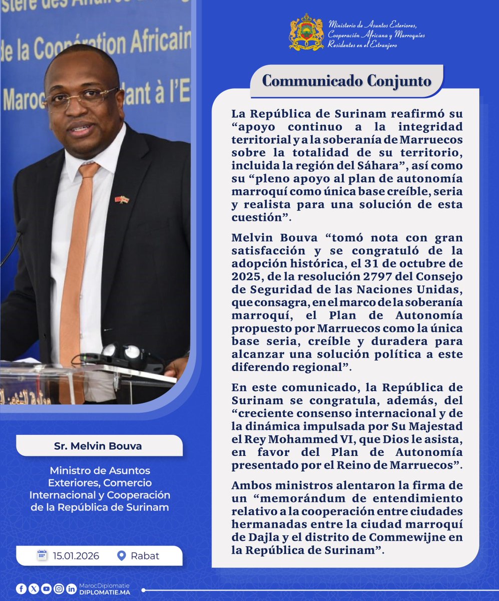 #Sáhara_marroquí:  La República de Surinam reafirma su apoyo continuo a la soberanía de Marruecos sobre su Sáhara y celebra la histórica adopción de la resolución 2797 del Consejo de Seguridad (Comunicado conjunto)
