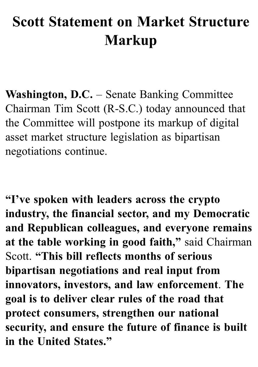 速報⚡】 🇺🇸米国上院銀行委員会、ビットコインおよび暗号市場構造法案の審議を延期。 - $BTC #Coinbase  など主要企業が法案への支持を撤回したことが背景。#規制