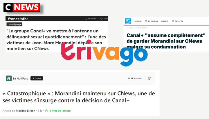 Bonjour @Trivago,
#CNews, seule chaîne d'info condamnée pour racisme, la plus sanctionnée par l'Arcom, laisse le délinquant sexuel #Morandini à l'antenne malgré sa condamnation pour corruption de mineurs et case votre spot de pub juste après.
Ça ne commence pas à faire beaucoup ?