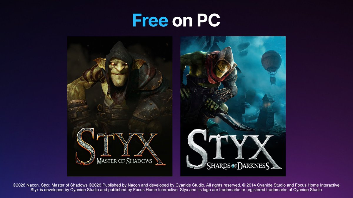 EpicGames's tweet image. You'll be goblin up this week's free games for sure! 🥳 Get Styx: Master of Shadows and Styx: Shards of Darkness for FREE until January 22. epic.gm/free-games @CyanideStudio