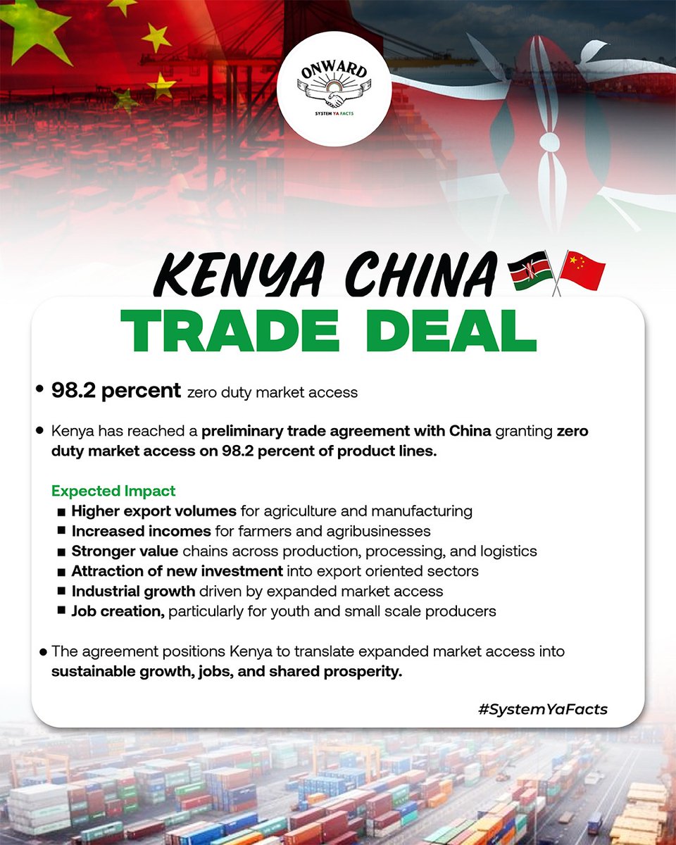 With Zero Duty Market Access Kenyan goods gain a fair footing in the Chinese  market. This improves price competitiveness and demand. Stronger exports  translate into increased foreign exchange and economic stability.  #KenyaChinaTradeDeal.