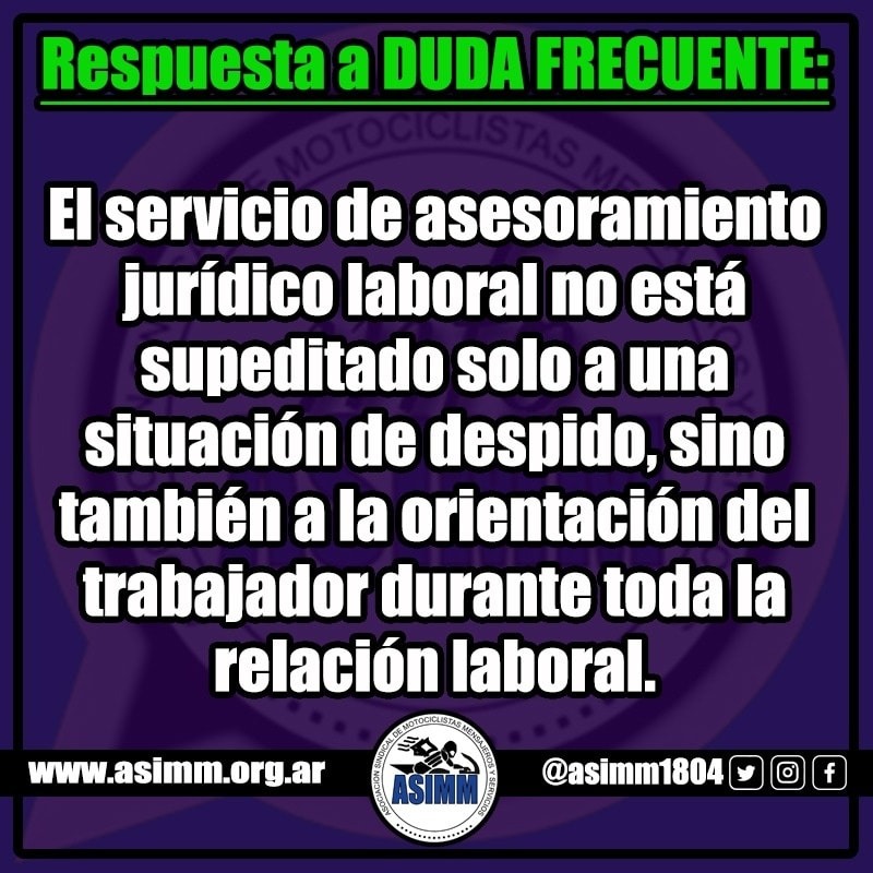 ASESORAMIENTO JURÍDICO LABORAL
ASiMM cuenta con un servicio de asesoramiento jurídico laboral para todos sus afiliados.
Para dudas o consultas al respecto, comunicarse al WhatsApp de ASiMM 1132429195