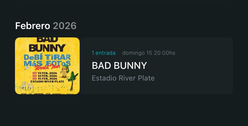 SE VENDE ENTRADA A BAD BUNNY 15/02 BUENOS AIRES. PLATEA SAN MARTIN ALTA $300usd