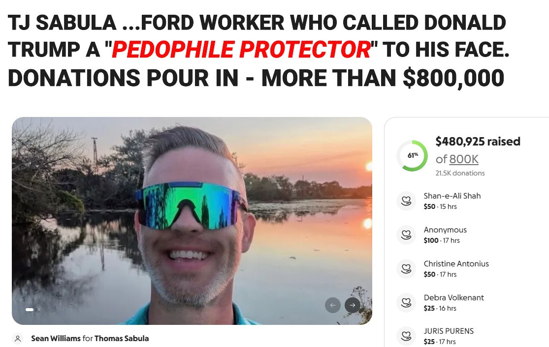 LiveONE_TV's tweet image. After TJ Sabula was suspended from his job by the Ford Motor Company, the 40-year-old auto assembly worker—who called President Trump a 'pedophile protector'—has received more than $800,000 in combined donations.

Trump must now assess the risk of visiting any other factories or…