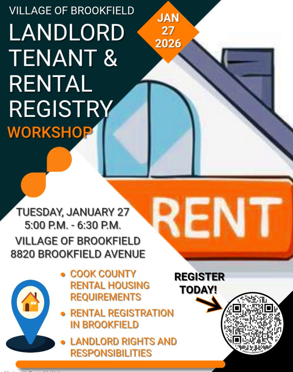 📢 Landlord/Tenant &amp; Rental Registry Workshop

The Village of Brookfield invites residents, property owners, tenants, and community members to attend a Landlord/Tenant &amp; Rental Registry Workshop on Tuesday, Jan. 27 at 5 p.m. at Village Hall, 8820 Brookfield Ave.

The workshop