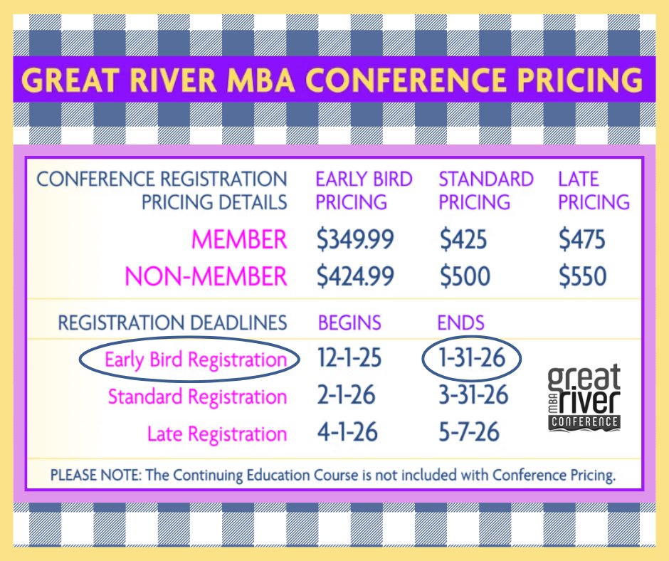 MBAofMissouri's tweet photo. 🐤 Make sure to register before January 31st to receive the Early Bird Special for this year's Great River MBA Conference in May!

👉 Register at the link below.
https://t.co/kMQIyWQ8ro

#GreatRiverMBA #MBAofMissouri #EarlyBirdSpecial #GRC26 #RegisterNow #Memphis https://t.co/Kt668AGMSw