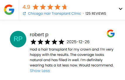 A Five Star Google Review for Dr. Panine and Chicago Hair Transplant Clinic from Robert P on 12/26/2025 - "Had a hair transplant for my crown and I’m very happy with the results. The coverage looks natural and has filled in well. I’m definitely wearing hats a lot less now. Would