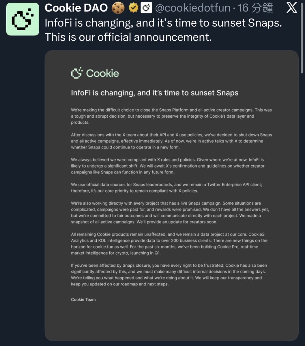 Wtf? Cookie just shut down Snaps out of nowhere, leaving creators,  campaigns, and stakers hanging. $COOKIE is already down ~11% on the news.  This is exactly why trust matters. If a core