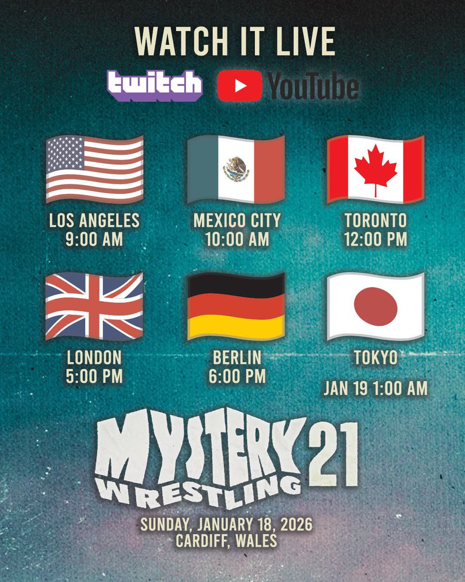 MysteryWrestlin's tweet photo. INTERNATIONAL START TIMES FOR #MysteryWrestling21!

Watch it LIVE &amp; FREE on:

https://t.co/et9YYjwM4B

https://t.co/GMjfDahelP

Los Angeles - 9:00 AM

Mexico City - 10:00 AM

Toronto - 12:00 PM

London - 5:00 PM

Berlin - 6:00 PM

Tokyo - January, 19th 1:00AM

#MysteryWrestling https://t.co/UNrfhvUyOr