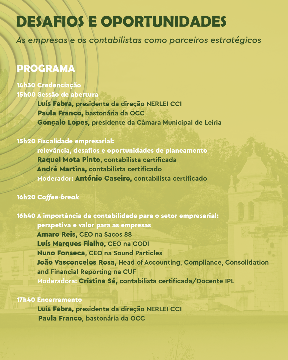 A NERLEI CCI e a Ordem dos Contabilistas Certificados convidam empresários e contabilistas para uma conferência sobre os desafios e oportunidades do contexto empresarial atual.

📅 5 fev | 14h30
📍 Ed. NERLEI

👉 Inscreva-se: occ.pt/pt-pt/formacao…