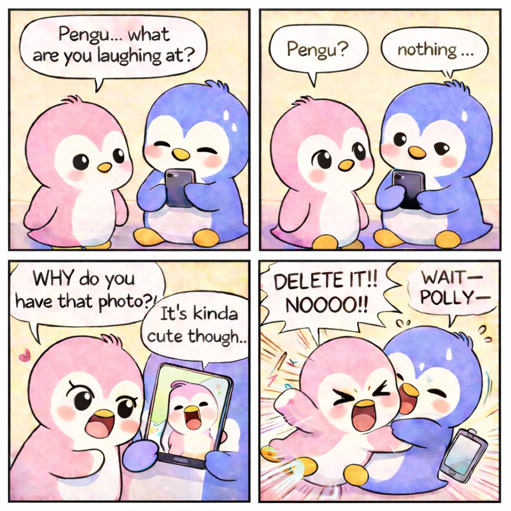 Polly &amp; Pengu Comic Strip Series 🐧💗
Season 1 — #04
Some photos are not meant to survive 😅