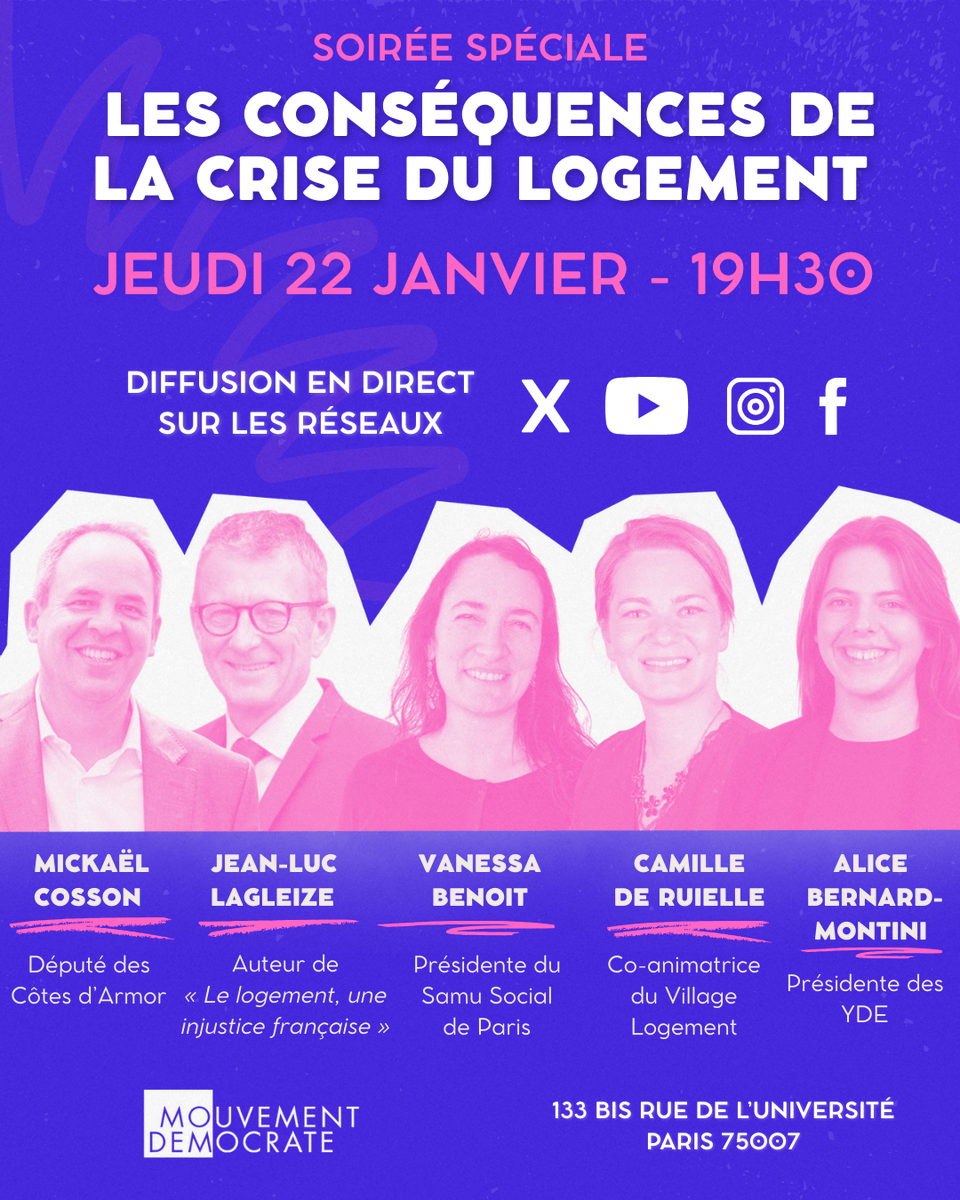 Vous ne pouvez pas être à Paris ?
Suivez la soirée en direct et posez vos questions via le chat.

📅 22 janvier – 19h30

👉 Abonnez-vous à notre YouTube :
 youtube.com/@Mouvement.Dem…