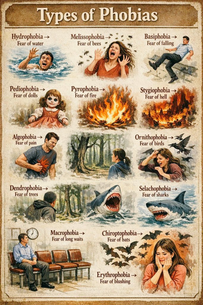 🧟 Types of Phobias 👻

1. Hydrophobia 💧🚫 – Fear of water  
2. Melissophobia 🐝😨 – Fear of bees  
3. Basiphobia ⬇️😱 – Fear of falling  
4. Pediophobia 🎎😱 – Fear of dolls  
5. Pyrophobia 🔥😨 – Fear of fire  
6. Algophobia 😖💥 – Fear of pain  
7. Stygiophobia 👹🔥 – Fear of