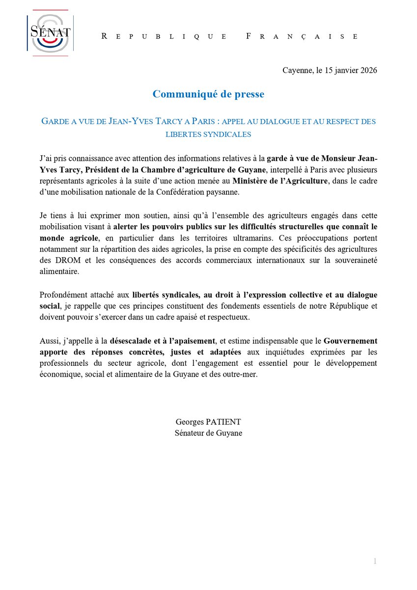 GeorgesPatient's tweet photo. Retrouvez mon communiqué de presse suite à l'arrestation et à la garde à vue de Jean-Yves TARCY, Président de la Chambre d'agriculture de #Guyane https://t.co/baCll65FuW