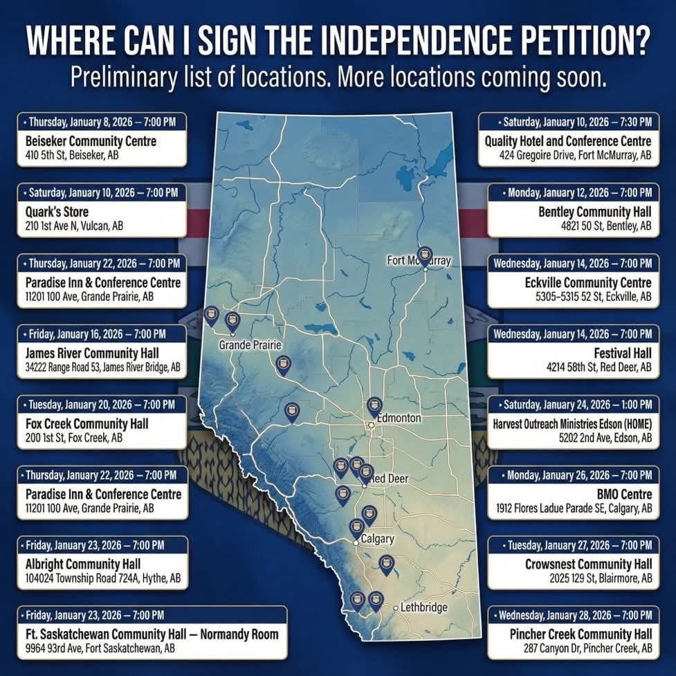 Alberta4Liberty's tweet photo. Here are a list of opportunities to sign the independence petition in Alberta 
#AlbertaSeparation 
#AlbertaIndependence 
Are you fed up too!? Have your say https://t.co/aSKUG9twLM