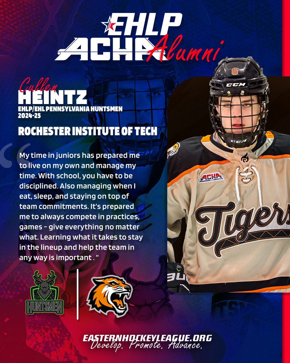 EHLpremier's tweet image. For this week’s feature story, we look at another EHLP to ACHA story! This time, we spoke to the Pennsylvania Huntsmen’s Cullen Heintz, who has taken on a big role at the Rochester Institute of Technology after a successful season in the EHLP!

@PAHuntsmen…