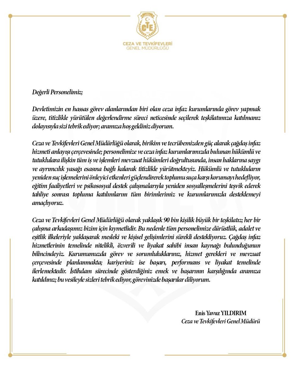 YavuzEnis's tweet photo. 3500 personel alımı ile Ceza ve Tevkifevleri Genel Müdürlüğü ailemize katılan tüm çalışma arkadaşlarıma hoş geldiniz diyor, her birinizi gönülden tebrik ediyorum. 

Adalet, insan haklarına saygı ve liyakat temelinde yürüttüğümüz bu onurlu görevde hepinize başarılar diliyorum. https://t.co/BGBO2WsXuX
