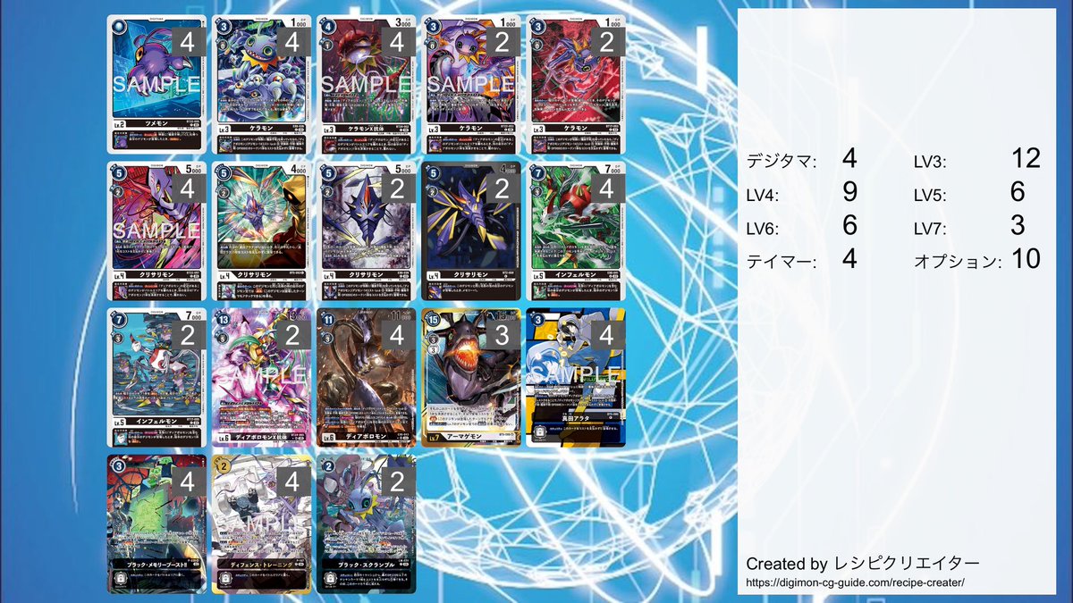 みんな、、、すまん、、、
ディアボロ弱すぎて（というか環境の速度に追いつけなくて）ノート書く気が起きない、、、
DPマイナス、退化に弱い。
速度が出ない上に取られたら巻き返しが効かない。
この辺をどうにかこうにかしてみてくれ、、、
組んだレシピだけ貼っておきます🙇‍♂️