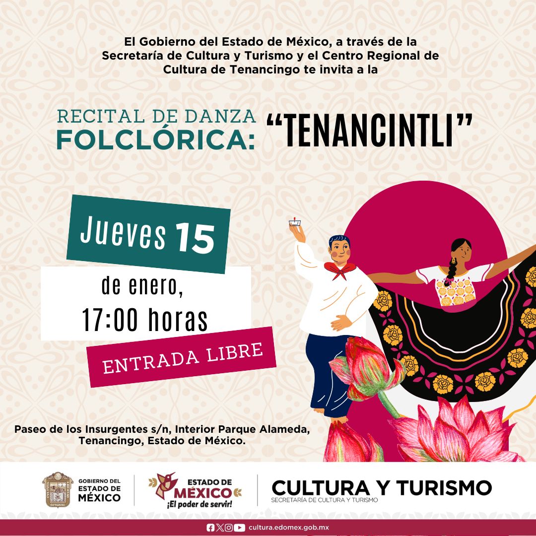 EdomexTenancing's tweet photo. Te esperamos hoy, en punto de las ⏰ 17:00 horas en el Recital de Danza Folclórica; presenta el grupo de baile “Tenancingo”. ¡No faltes! 💃🏻

📍 Centro Regional de Cultura de Tenancingo
🎟️ #EntradaLibre
#ElPoderDeServir https://t.co/FnVojubONO