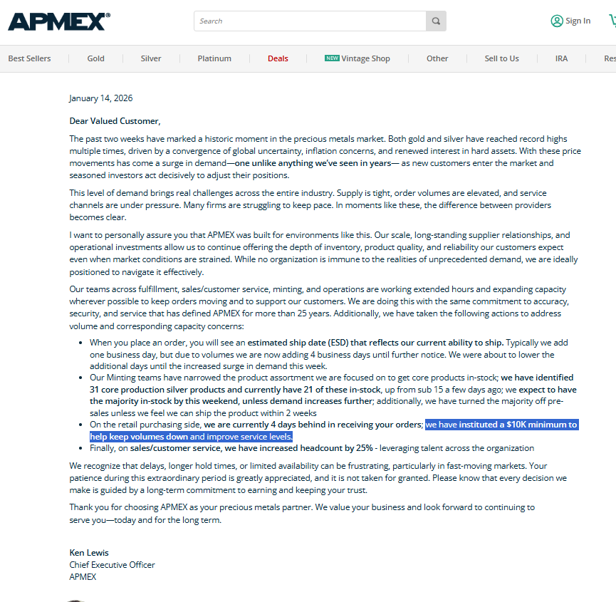 🚨APMEX CEO ANNOUNCES $10,000 MINIMUMS DUE TO HISTORIC SILVER VOLUMES 🚨

<a href="/APMEX/">APMEX</a> CEO Ken Lewis Has Dropped a HAMMER On the Retail Silver Market: 

🔥"We Have Instituted a $10K Minimum to Help Keep Volumes Down &amp; Improve Service Levels." 🔥

APMEX TO FOCUS ON STOCKING 31 CORE