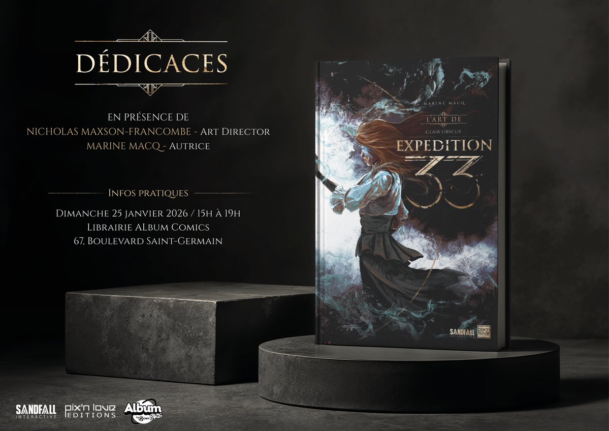 ✍️ Séance dédicaces - Artbook <a href="/expedition33/">Clair Obscur: Expedition 33</a>

Le Directeur Artistique Nicholas Maxson-Francombe et l'autrice <a href="/MacqMarine/">Marine Macq - GAMMA 🎨</a> vous donnent rendez-vous le dimanche 25 janvier pour une séance de dédicaces exceptionnelle à la librairie Album Comics Paris  !

Possibilité de venir sur place