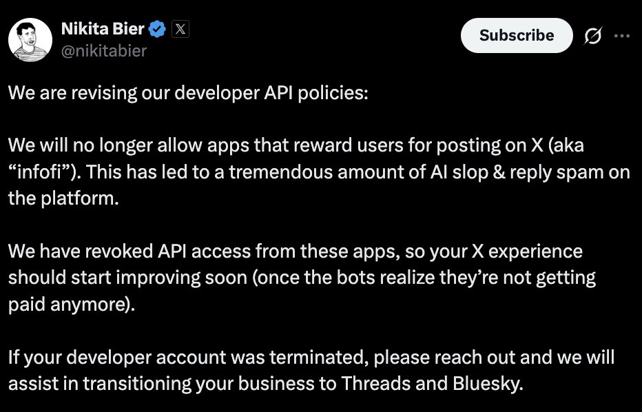 X平台产品负责人Nikita Bier确认平台将禁止帖子奖励，此举被视为有效阻碍“InfoFi”项目发展
