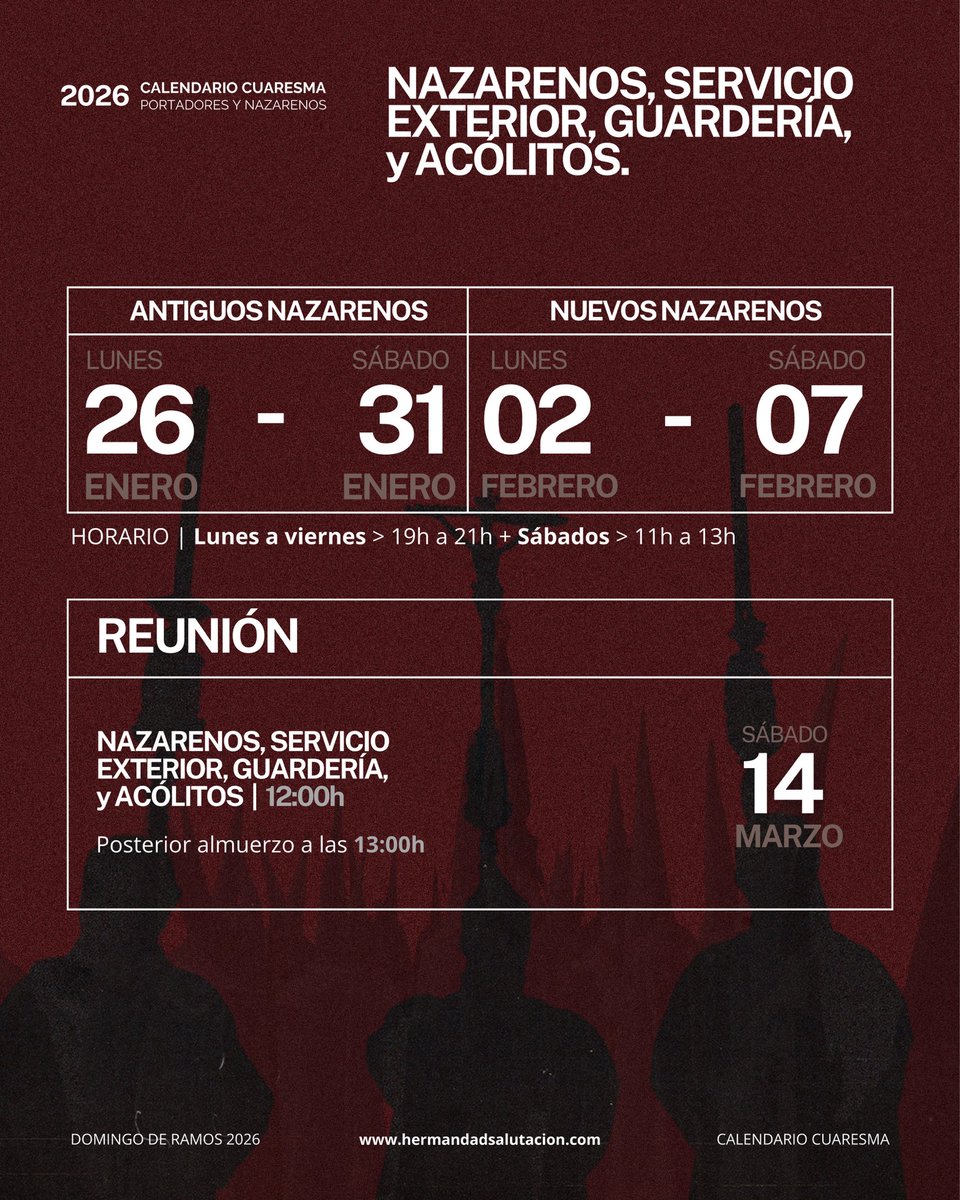 🗓️ | 𝐂𝐀𝐋𝐄𝐍𝐃𝐀𝐑𝐈𝐎 𝐂𝐔𝐀𝐑𝐄𝐒𝐌𝐀 𝟐𝟎𝟐𝟔

Apunta todas estas fechas en tu agenda. ¡𝐋𝐚 𝐜𝐮𝐞𝐧𝐭𝐚 𝐚𝐭𝐫𝐚́𝐬 𝐲𝐚 𝐡𝐚 𝐜𝐨𝐦𝐞𝐧𝐳𝐚𝐝𝐨! 

#SalutacionyPatrocinio #CofradíasMLG