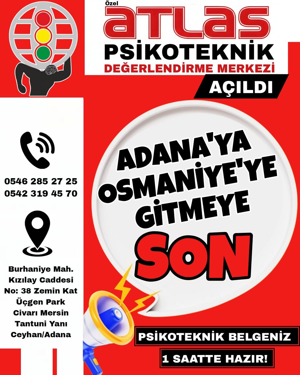 Ailemize ve Ceyhan’ımıza yeni bir kurum daha kazandırmanın mutluluğunu ve gururunu yaşıyoruz. Yeni işletmemiz Atlas Psikoteknik Değerlendirme Merkezi’nin hayırlı, uğurlu olmasını temenni ediyor; ilçemize ve tüm hemşehrilerimize faydalı olmasını diliyoruz.