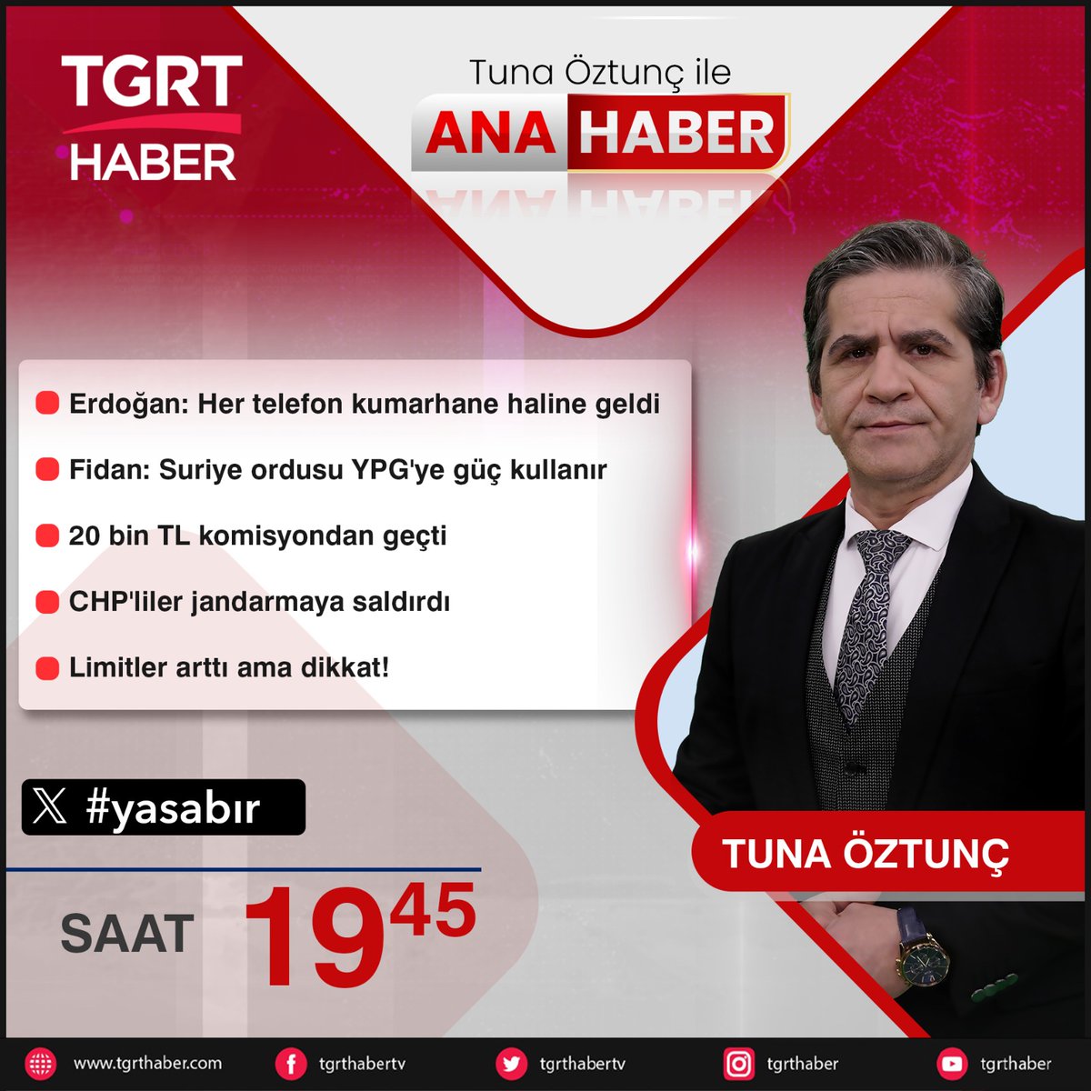 📌 Erdoğan: Her telefon kumarhane haline geldi
📌 Fidan: Suriye ordusu YPG'ye güç kullanır
📌 20 bin TL komisyondan geçti
📌 CHP'liler jandarmaya saldırdı
📌 Limitler arttı ama dikkat!

#yasabır
<a href="/tunaoztunc/">Tuna Öztunç</a>