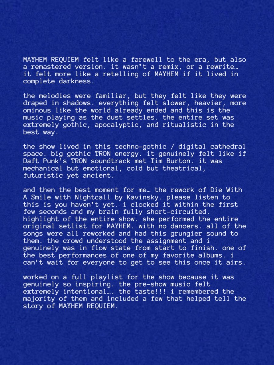 RDTLadyGaga's tweet image. Outro fã que esteve na filmagem do show “MAYHEM: REQUIEM”, em Los Angeles, montou um moodboard inspirado na noite passada, além de uma playlist de músicas imersivas que antecederam a apresentação. E escreveu seu relato pessoal sobre o que sentiu diante de tudo aquilo que Lady…