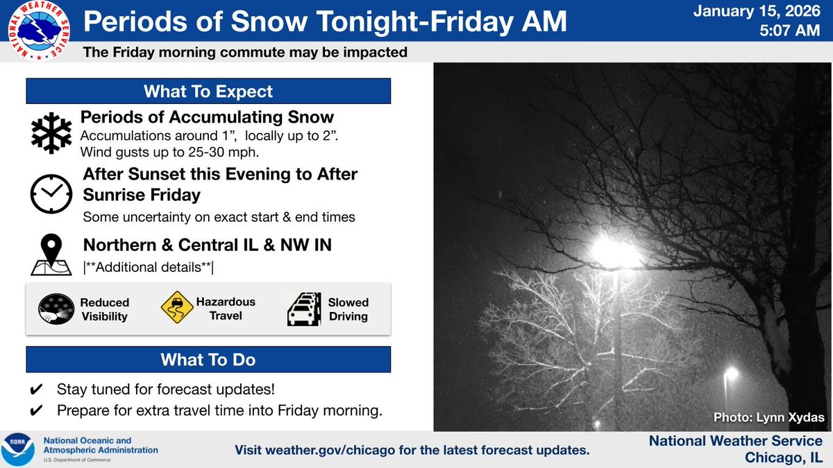 NWSChicago's tweet image. Accumulating snow is expected tonight, developing after sunset and continuing past sunrise Friday. Amounts of around an inch to locally 2 inches are expected. This may lead to slippery road conditions overnight and Friday morning. #ILwx #INwx