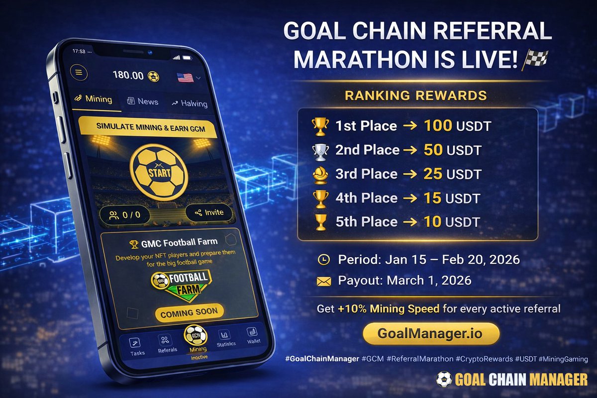 🏁 GOAL CHAIN REFERRAL MARATHON IS LIVE! 🚀

Grow with us and earn rewards every month! 🔥

🏆 REWARD POOL

🥇 1st Place → 100 USDT
🥈 2nd Place → 50 USDT
🥉 3rd Place → 25 USDT
🏅 4th Place → 15 USDT
 🎖  5th Place → 10 USDT

📅 EVENT DETAILS
⏳ Period: Jan 15 – Feb 20,