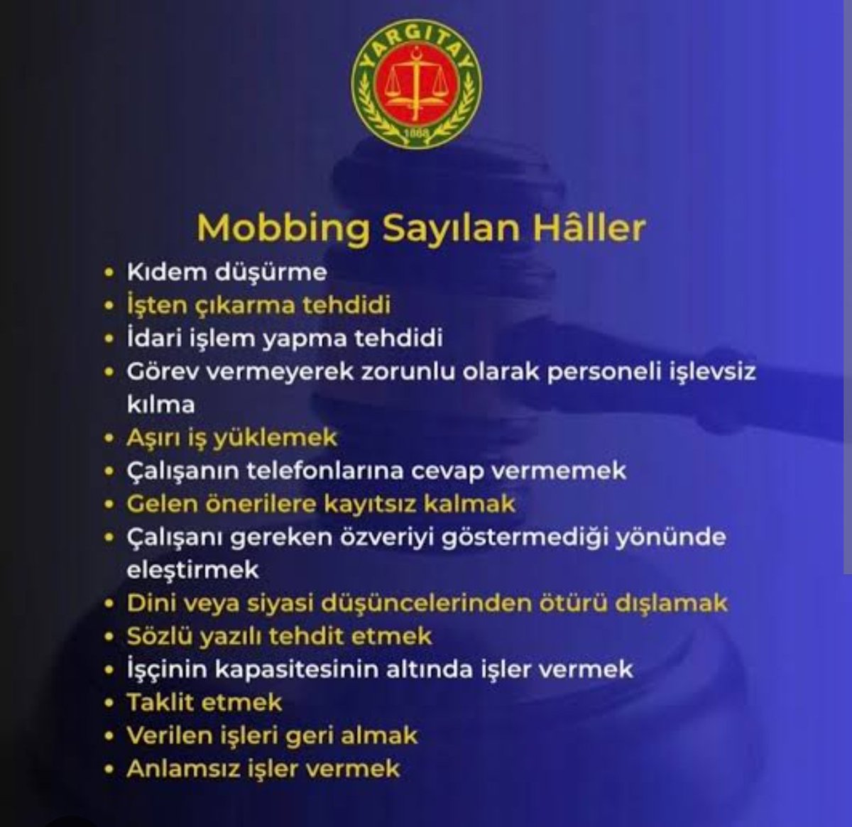 Yargıtay;

📍Kıdem düşürme 
📍İşten çıkarma 
📍İdari işlem 
📍Aşırı iş yükü 
📍Önerilere kayıtsız kalmak
📍Özveri göstermeme eleştirisi 
📍Siyasi görüş nedeniyle eleştiri 
📍Sözlü yada yazılı tehdit 
📍Anlamsız işler vermek

Mobbindir diyor!!!

Yaşamayan var mı?

#PoliseMobbing