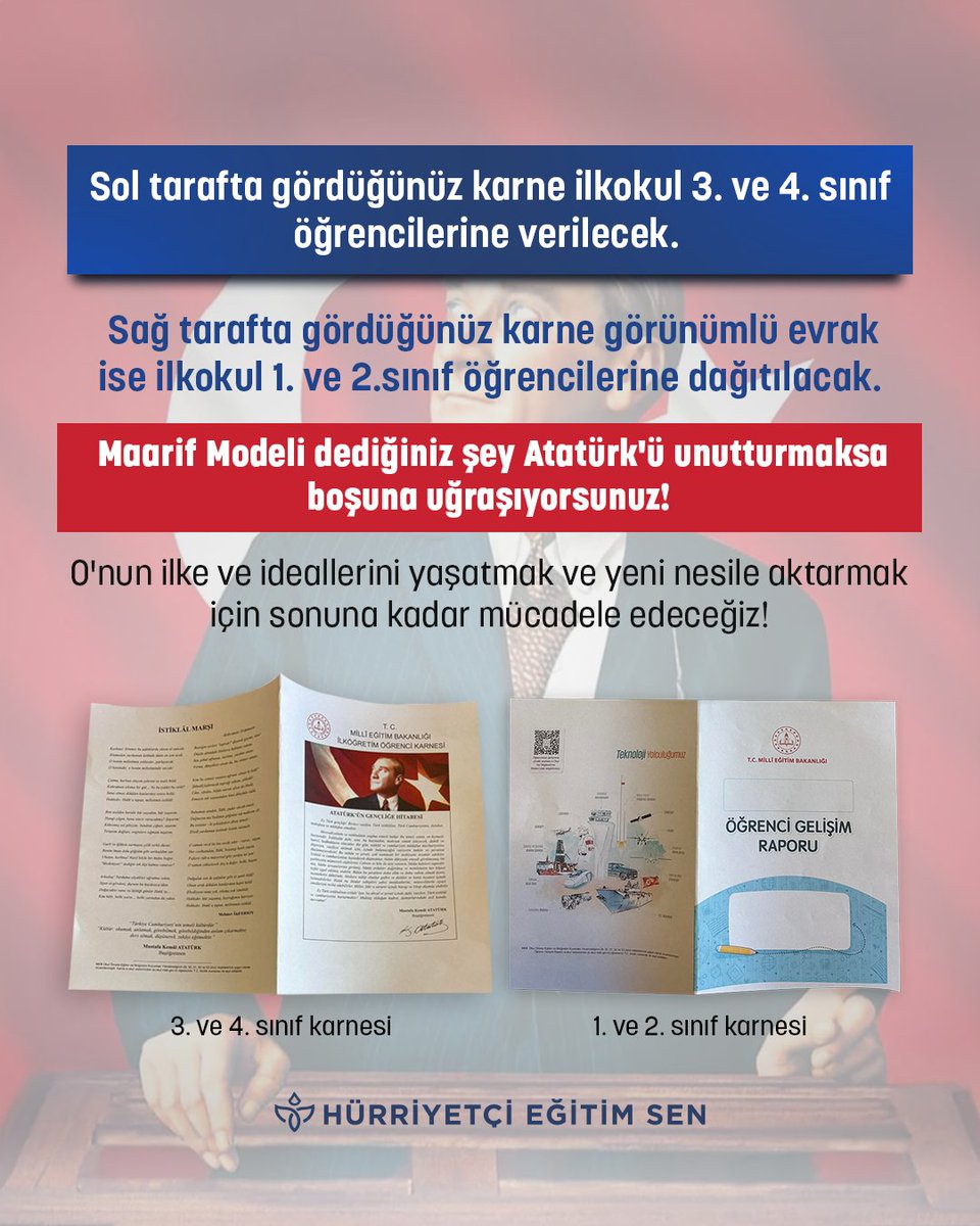Maarif Modeli dediğiniz şey Atatürk’ü unutturmaksa boşuna uğraşıyorsunuz!
O'nun ilke ve ideallerini yaşatmak ve yeni nesile aktarmak için sonuna kadar mücadele edeceğiz!
<a href="/HurEgitimSen/">Hürriyetçi Eğitim Sen Genel Merkezi</a> 
<a href="/leventkuruoglu/">Levent Kuruoğlu</a>