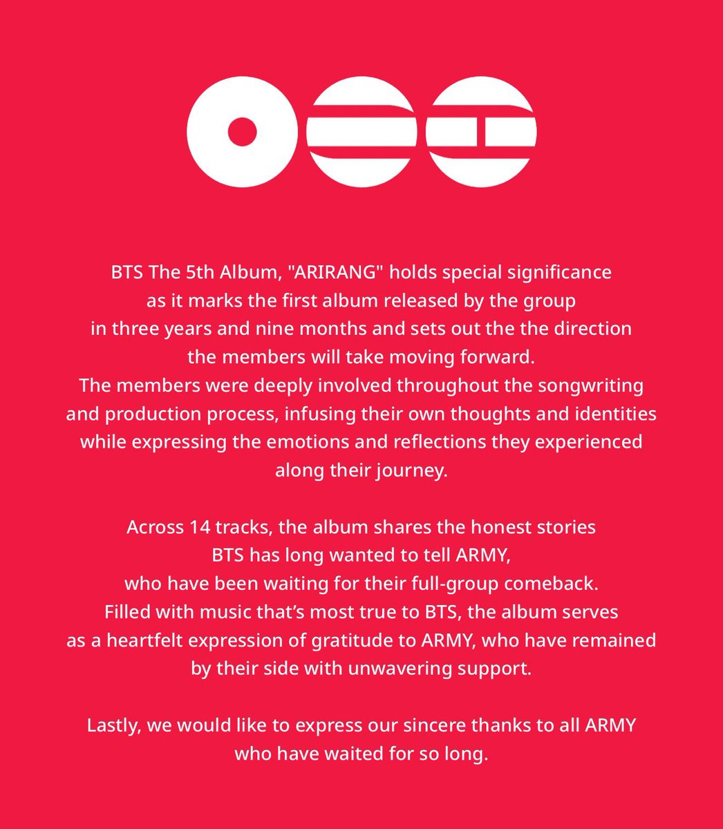BTS_welcomeback's tweet photo. Es tan significativo que el título del album sea ARIRANG
BTS nunca negó ser un acto k-pop siempre se sintió orgulloso de representar a su país, cumplir con sus obligaciones cívicas, hablar en su idioma, vistiendo sus trajes típicos, compartiendo recetas de sus comidas y bebidas y mostrando sus fiestas, tradiciones, artistas locales, expresiones culturales, etc
Decir que volvían a sus raíces y que obviamente tendrían canciones en coreano, va más allá de cualquier palabra
Esto me hace recordar a cuando Nam dijo no le gustaba la habitación del hotel, que solo quería regresar a casa
Corea del Sur es el hogar de ellos y
Ellos son la imagen de Corea del Sur y lo aceptan con responsabilidad y respeto
Honrar su origen y país en el álbum más importante de sus carreras habla muchísimo de ellos
Los coreanos realmente deberían valorarlos muchísimo por esto