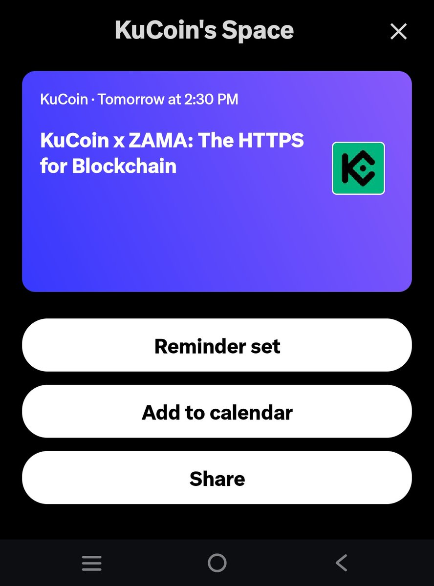 a_k_btc11's tweet photo. @kucoincom @zama Excited for the #KuCoinFiresideChat 🔥

$ZAMA on #KuCoin now 🚀🚀
Don't miss guys 
@CryptoRidhi_X
@MantiSays
@Kwenzwieee
Reminder set 💫 https://t.co/5fD93lbqds