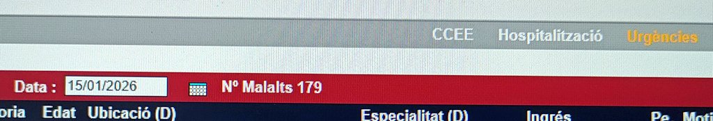 UrgenPSMar's tweet image. 15/01/2026
179 pacients a Urgències de l'Hospital del Mar de Barcelona 
45 superen les 24 hores 
El més antic supera les 114 hores
Pacient de 85 anys supera les 78 hores 
Pacient de 83 anys supera les 72 hores
Cap d'ells és familia de gerents i gestors de @govern i @salutcat