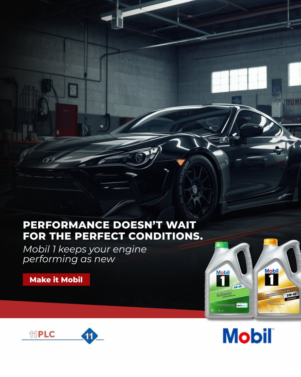 11PLC's tweet image. Performance doesn’t wait for the perfect conditions. Keep your engine running at its best with Mobil 1, protection and power for every drive.

Make it Mobil today: mobil.com

#Mobil1 #EnginePerformance #DriveWithPower #CarCare #KeepMoving #MakeItMobil