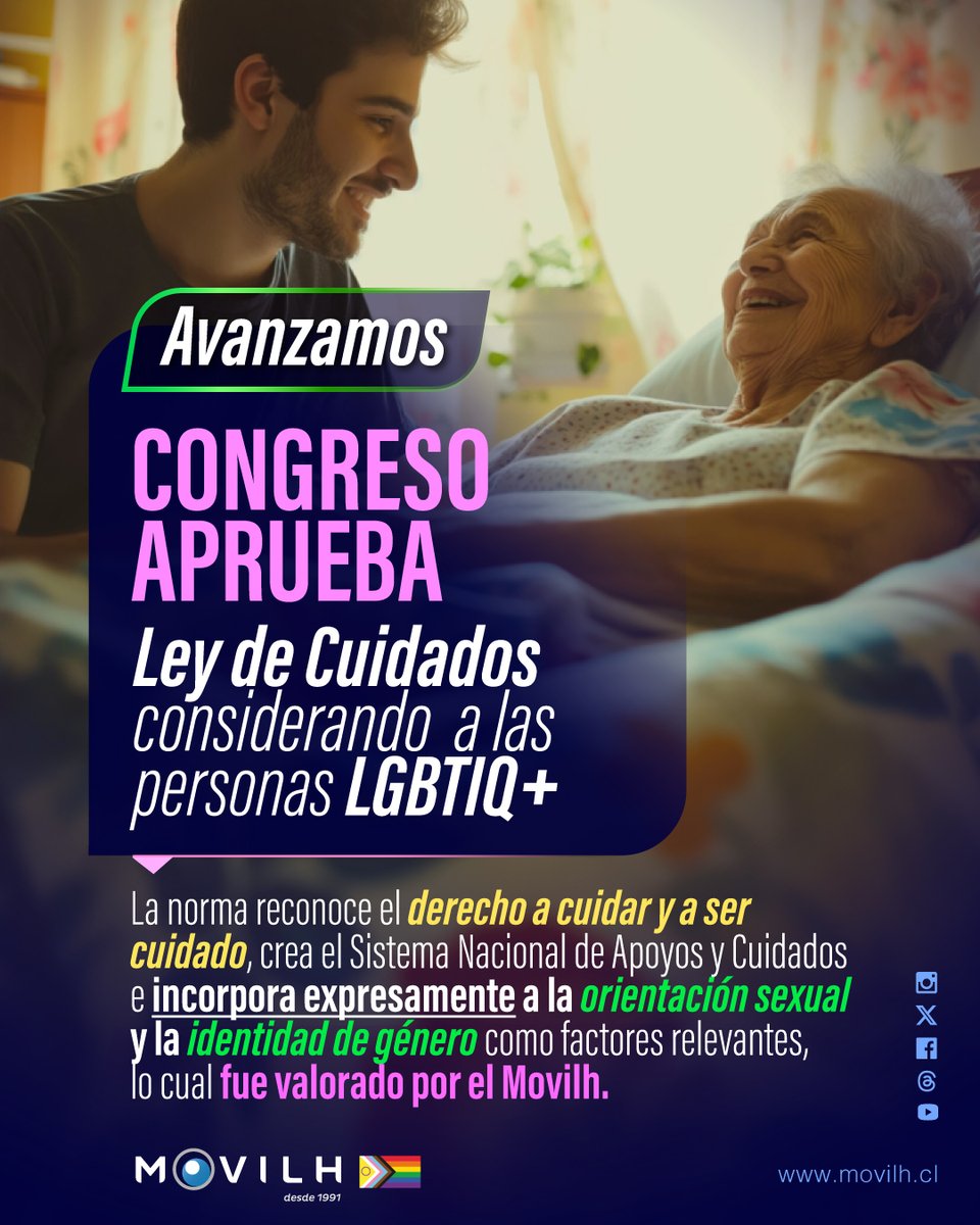 Festejamos la Ley de Cuidados, en especial por incorporar los principios de igualdad ante la ley, la no discriminación y el la interseccionalidad, incorporando expresamente a la orientación sexual y la identidad de género como factores relevantes.👏👏👏 movilh.cl/avance-congres…