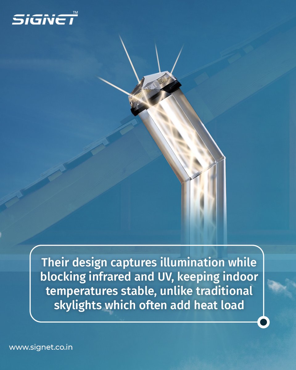 SignetEnertech's tweet photo. Natural light doesn’t have to mean extra heat.

Daylight tubes are designed to bring in illumination while blocking infrared and UV, helping maintain comfortable indoor temperatures.

Smarter daylighting starts with better design.

#Daylighting #BuildingDesign #Signet https://t.co/5f4Pm14QBf