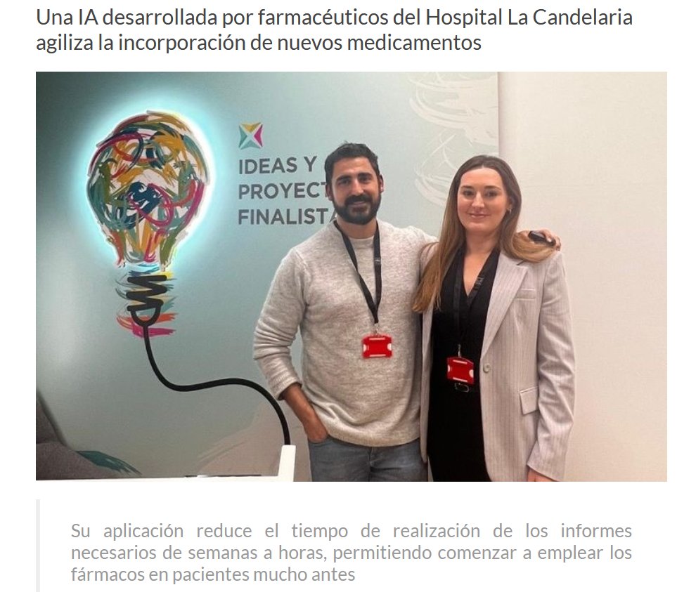 🧠💊 EvidentIA: IA al servicio de la Farmacia Hospitalaria

Farmacéuticos del H.U. Ntra. Sra. de Candelaria han desarrollado EvidentIA, una herramienta de IA que agiliza la evaluación de nuevos medicamentos

▪️ Reduce informes de semanas a horas (hasta un 80% menos de tiempo)
▪️