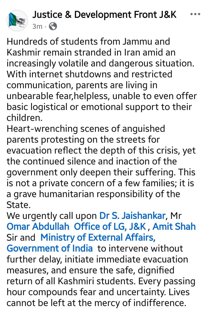 Hundreds of J&amp;K students are stranded in Iran amid a volatile situation. Internet shutdowns have left parents helpless and fearful. Immediate evacuation is a humanitarian duty.
<a href="/DrSJaishankar/">Dr. S. Jaishankar</a> <a href="/MEAIndia/">Randhir Jaiswal</a> <a href="/OfficeOfLGJandK/">Office of LG J&K</a> <a href="/AmitShah/">Amit Shah</a> <a href="/OmarAbdullah/">Omar Abdullah</a>
