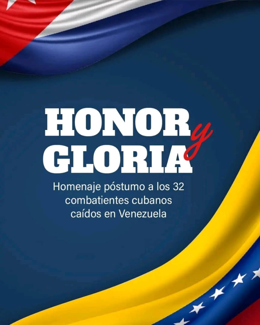 Este jueves 15 de enero de 2026 arribarán a la Patria los restos mortales de los 32 combatientes caídos heroicamente durante el criminal ataque perpetrado por el gobierno de los Estados Unidos contra la hermana República Bolivariana de Venezuela. 

#HonorYGloria