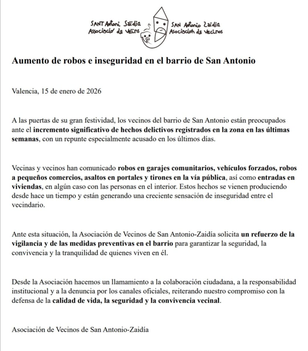 ⚠️ Comunicado de la AAVV de San Antonio respecto a la seguridad del barrio durante la última semana