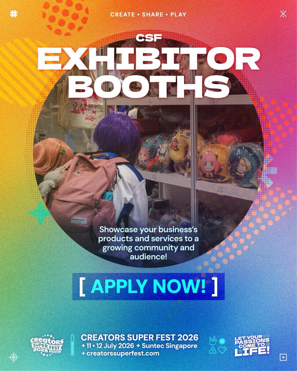 #CSF26 Be part of one of the biggest Creators spaces in the region!
📝Showcase your company today! bit.ly/SOZO2026Events

✨Creators Super Fest Singapore 2026
📅 11-12 July 2026
📍 Suntec Singapore Convention &amp; Exhibition Centre, Hall 403-405
🌐 creatorssuperfest.com